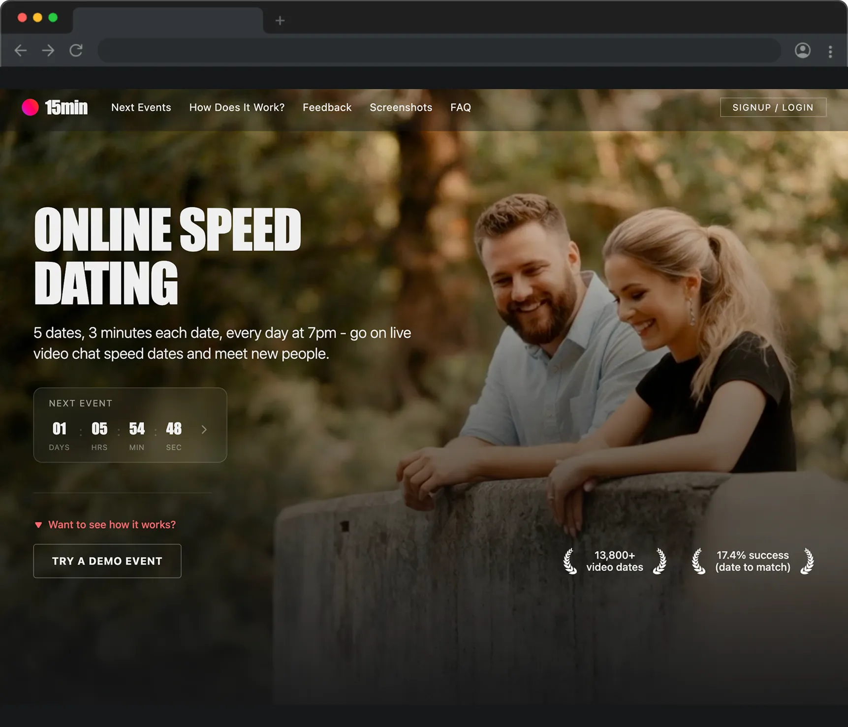 15min online speed dating website with a smiling couple outdoors, upcoming event countdown and demo event button.