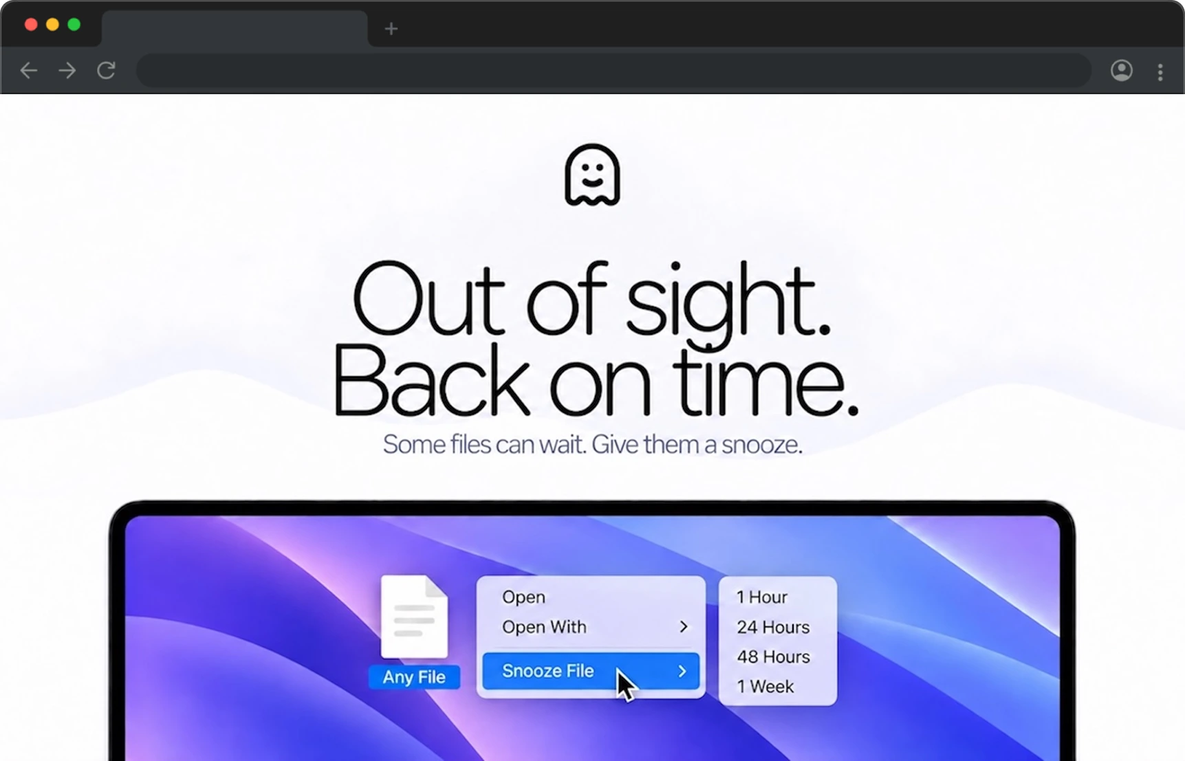 Snooze Files for Mac showing the Finder right-click Snooze File menu and options to bring files back after an hour, a day, two days or a week.